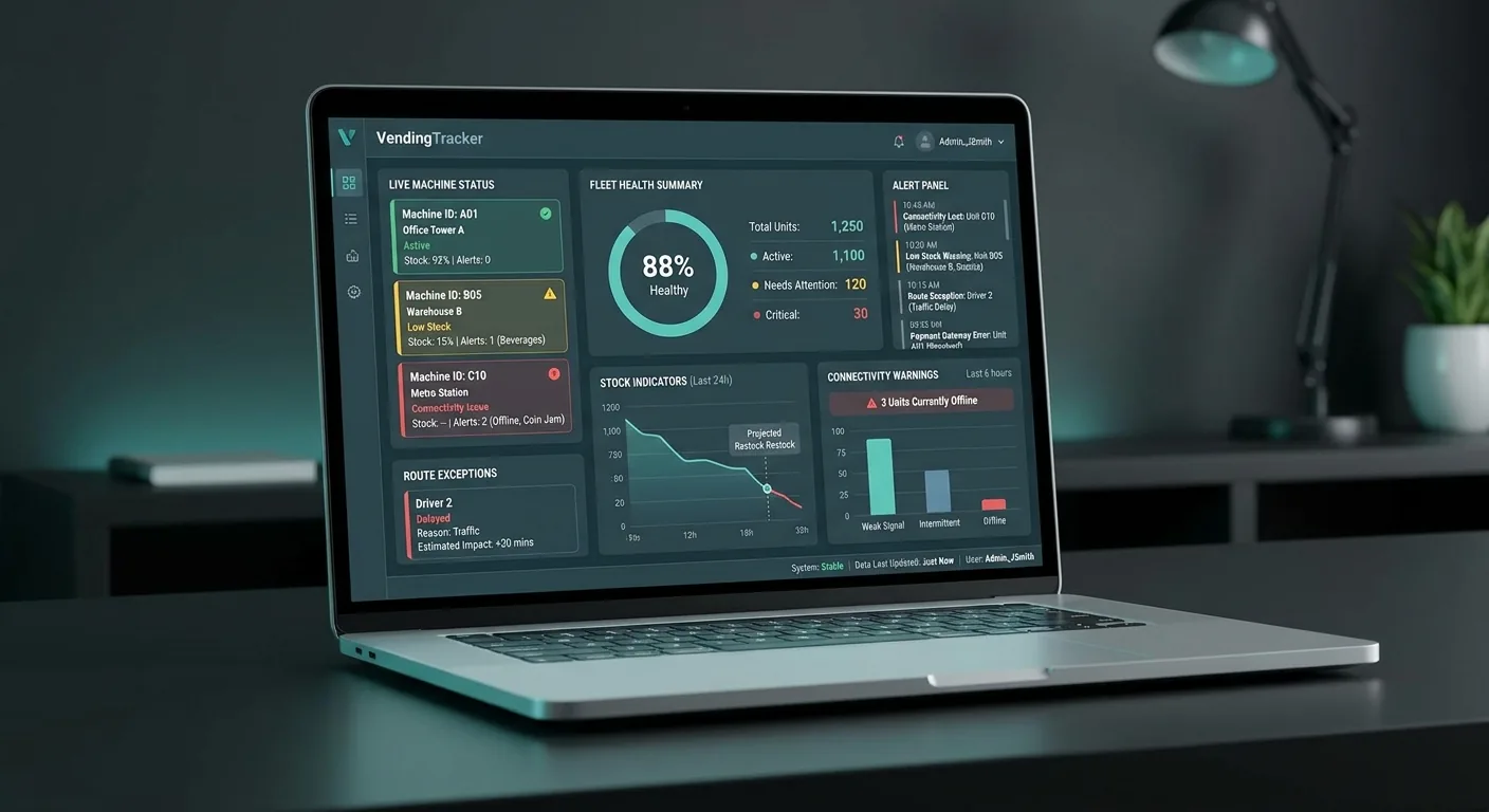 VendingTracker-Telemetrie-Dashboard auf einem Laptop mit Live-Maschinenalerts und Flottenstatus