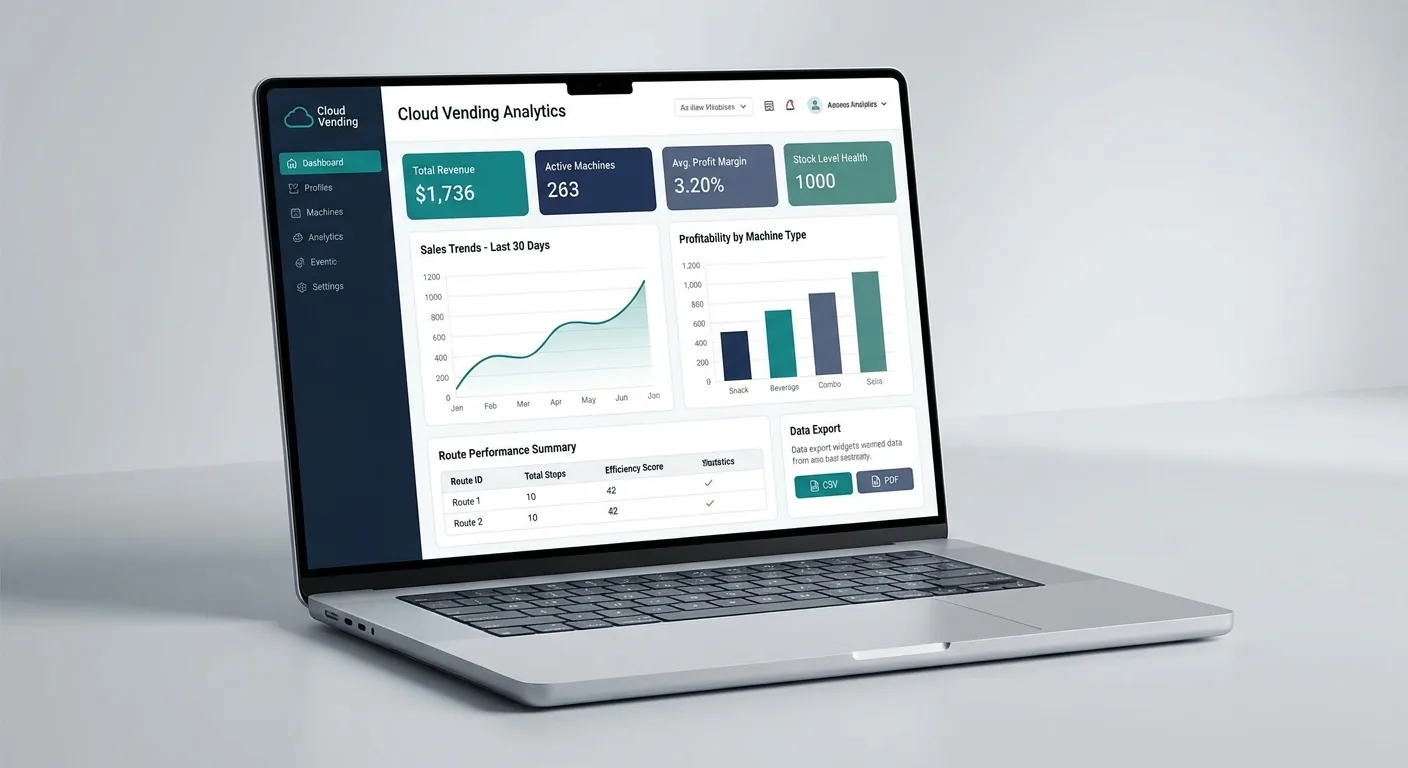 VendingTracker-Dashboard zur Profitabilität auf einem Laptop mit Maschinenumsätzen und Leistungsdaten