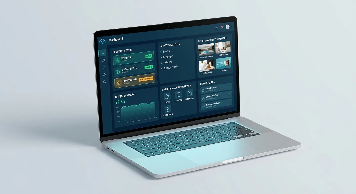 Hospitality operations dashboard for vending einsätze shown on a laptop