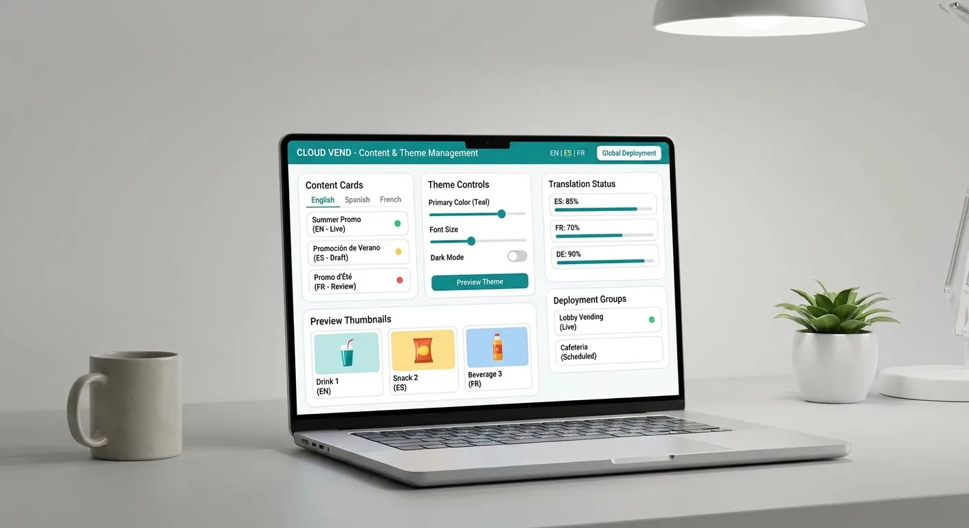 Dashboard für mehrsprachige Inhalte und Theme-Management auf einem Laptop