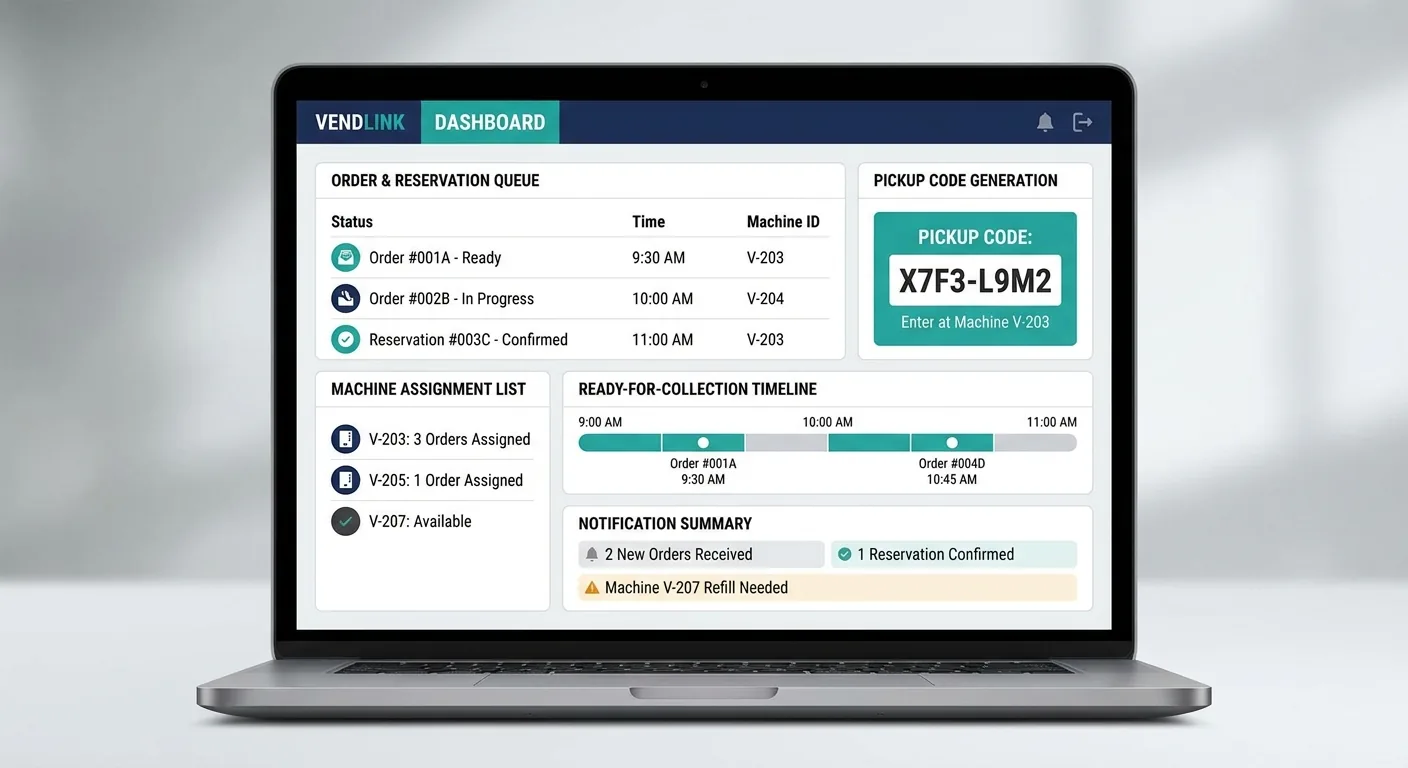 Dashboard für Online-Bestellabholung bei Vending-Reservierungen auf einem Laptop