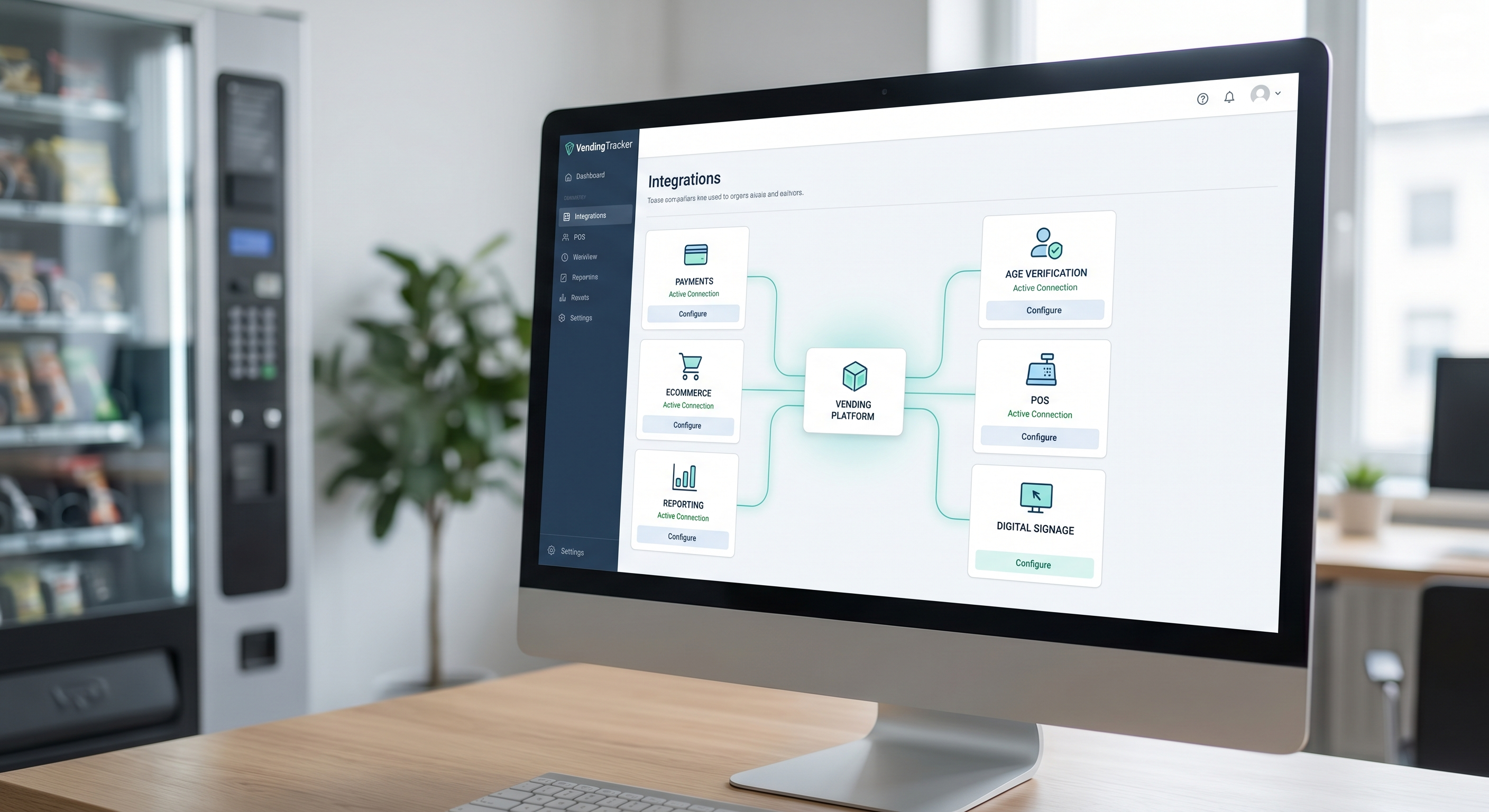 VendingTracker-Integrationskarte mit Zahlungen, E-Commerce, Altersprüfung und Reporting-Verbindungen