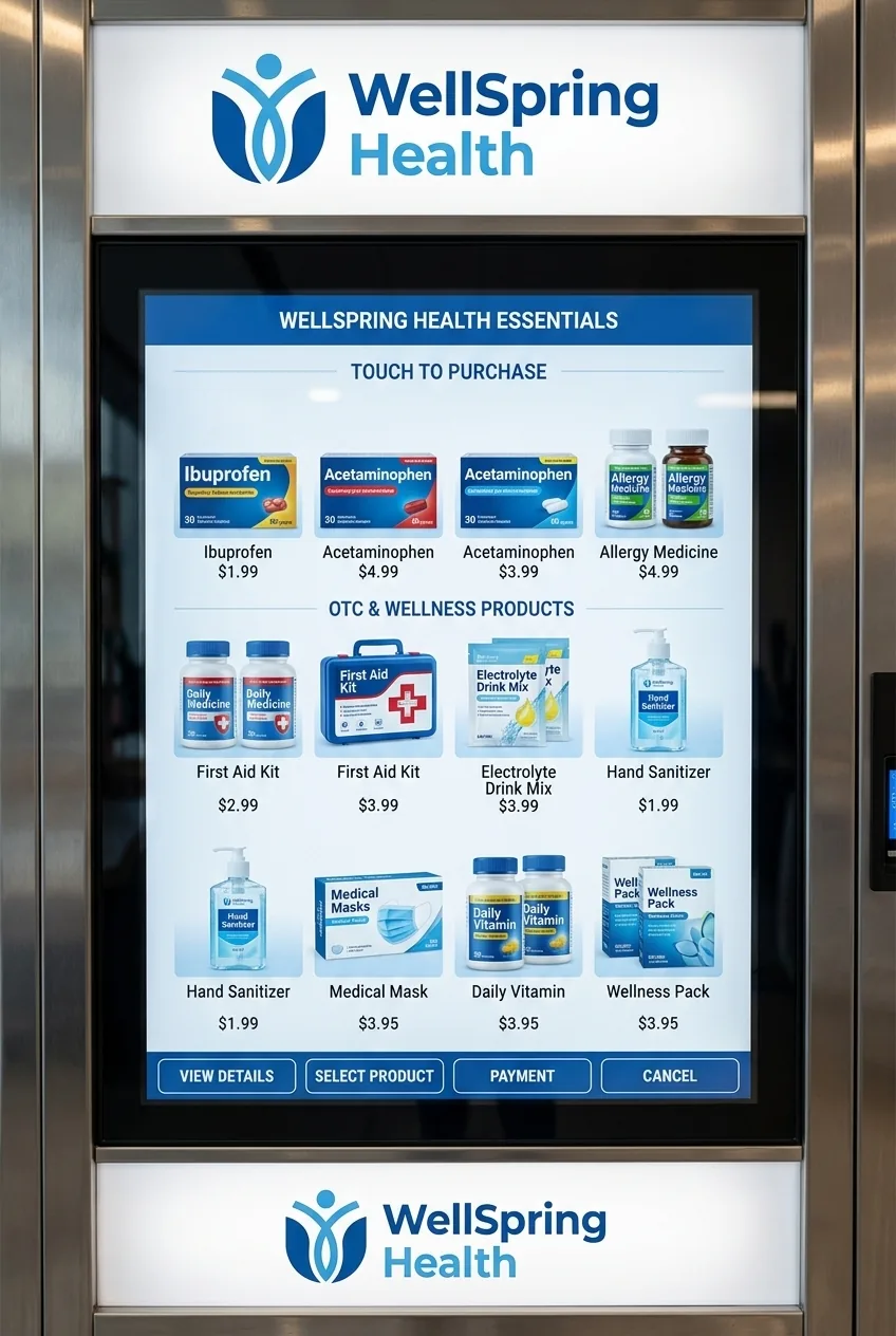Vending-Touchscreen im Hochformat mit WellSpring-Health-Branding